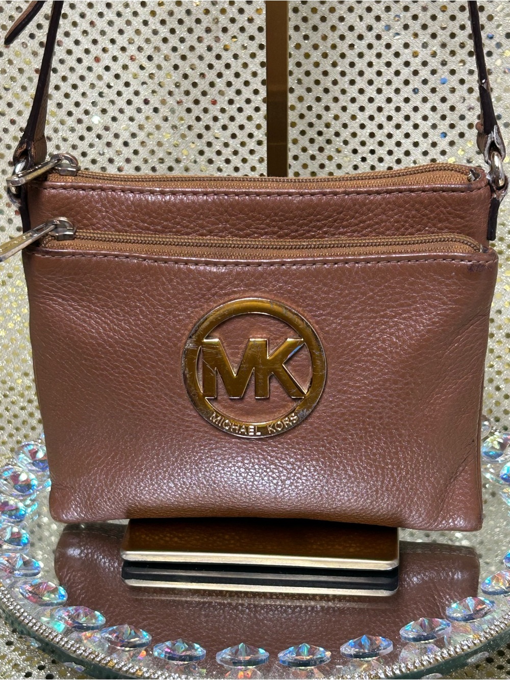 MICHAEL KORS Brown Pebbled Leather Crossbody w/Gold MK Logo Approx. 7.5 x 6
